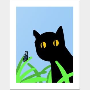 cute black cat and butterfly Posters and Art